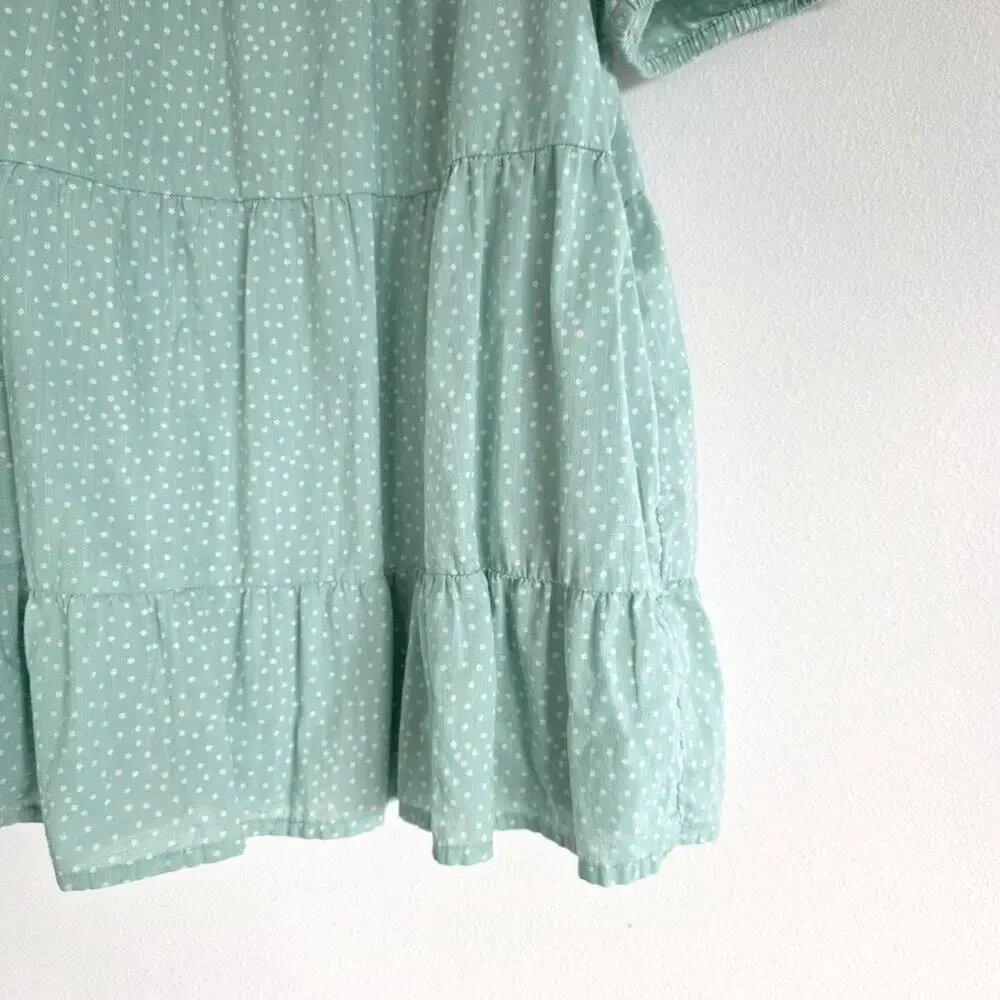 LOFT Mint Green Polka Dot Puff Sleeve Lace Trim Cotton Tiered Peplum Top Medium